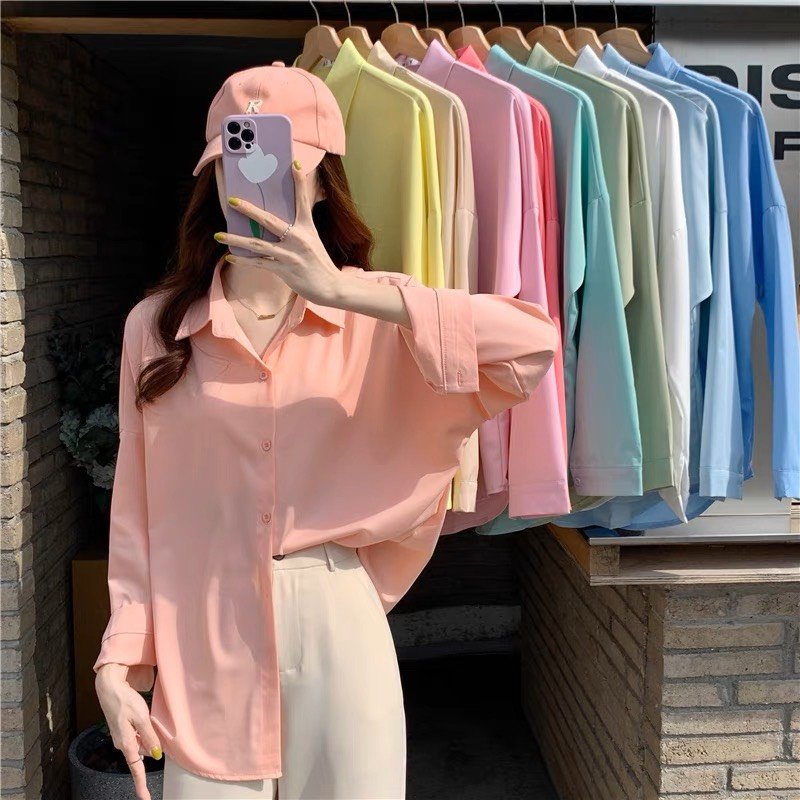 Áo sơ mi nữ dài tay form rộng ulzzang kiểu hàn basic màu trắng xanh nâu vàng tím dễ phối đồ