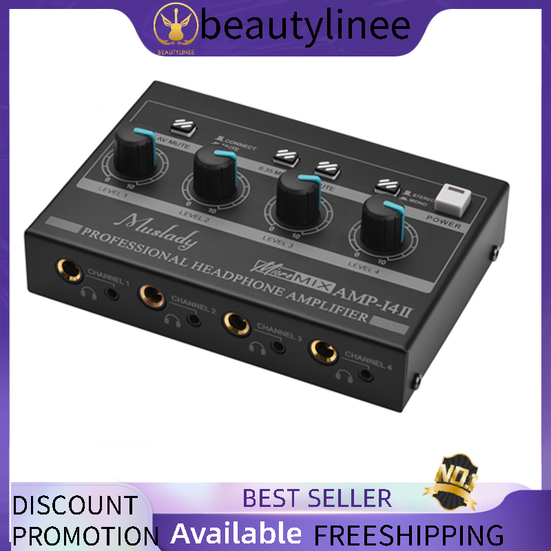 Muslady AMP-14 4-Channel Headphone Amplifier Compact Stereo Headphone Amp with RCA/6.35mm/3.5mm Input Volume Control