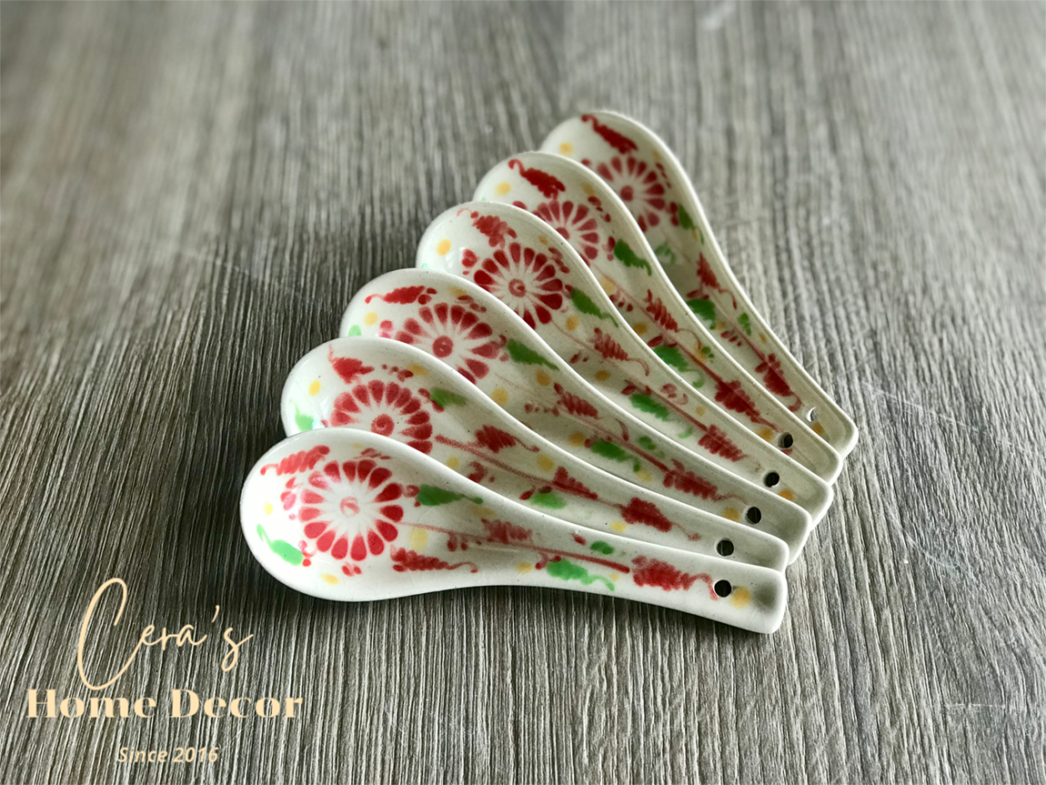 Thìa/ Muỗng cơm men rạn giả cổ Gốm Bát Tràng hoạ tiết vẽ tay