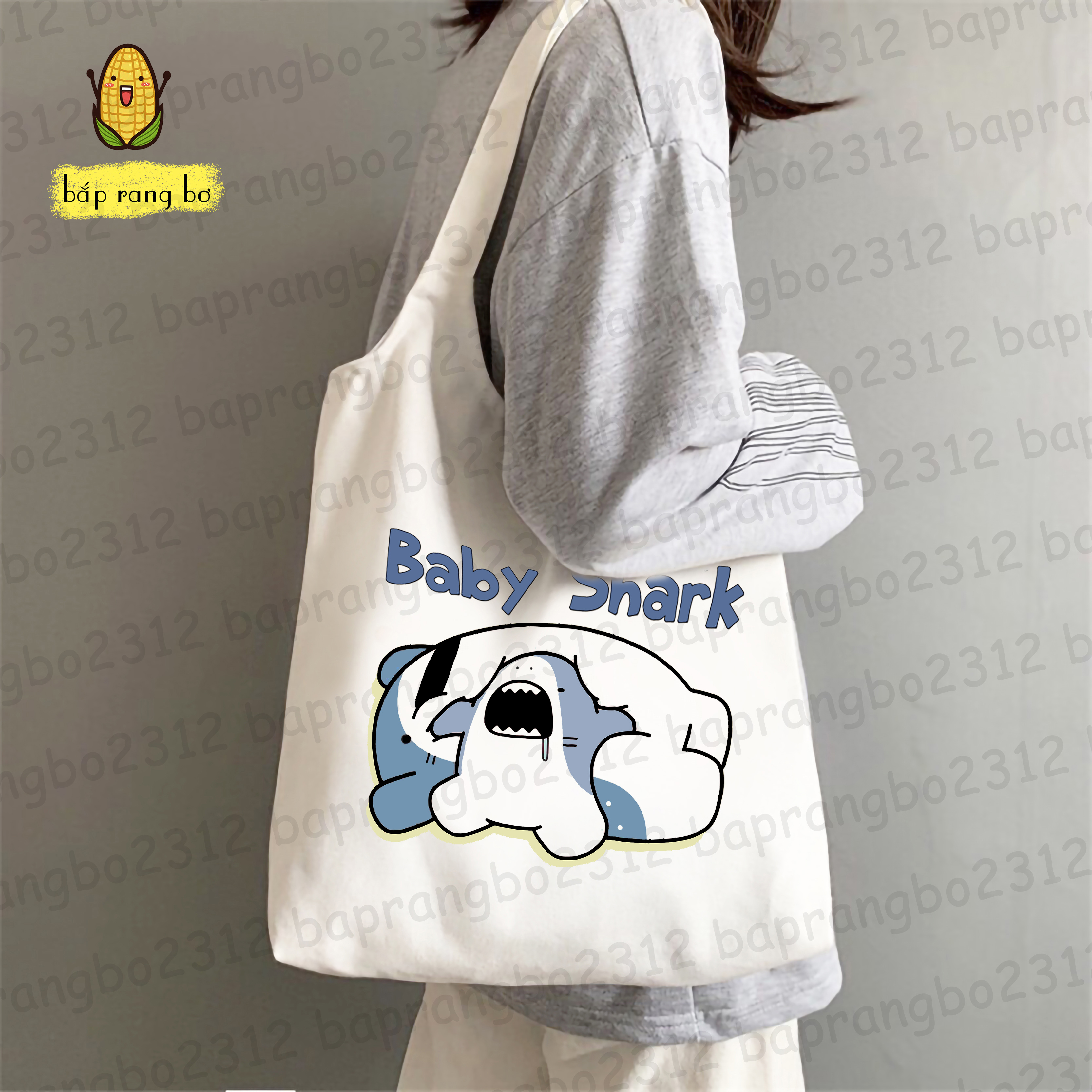 TÚI TOTE QUAI TRÒN CÁ MẬP BỤNG BỰ (CÓ TÚI CON) - VẢI DỆT CANVAS