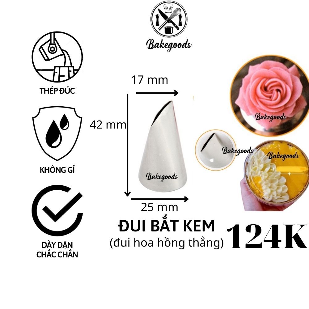 Đui Bắt Kem Cánh Hoa Hồng Thẳng 124K, Đuôi bắt kem trang trí bánh bằng thép không gỉ đúc liền khối dày dặn, cứng cáp, an toàn