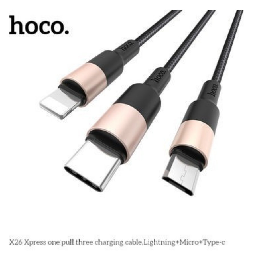 [HCM](XÃ KHO HÀNG CHÍNH HÃNG) Cáp Sạc Hoco X26 3 Đầu IPhone/Micro Usb/Type C Dây Dù Chống Đứt Dài 1M