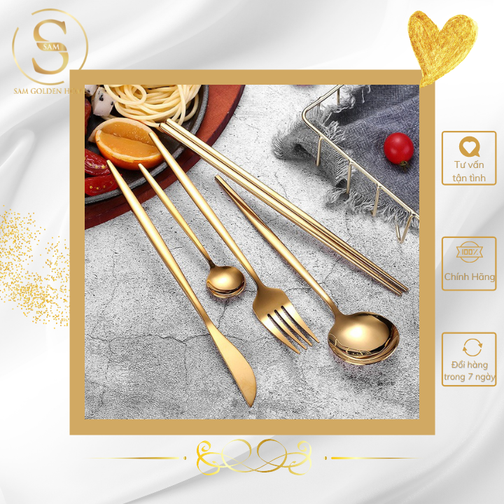 Set Muỗng Đũa Nĩa Inox Cao Cấp Set Muỗng Đũa Nĩa Basic Golden Cutlery Vàng Gold Sang Trọng Chất Lượng Cao (5 món)