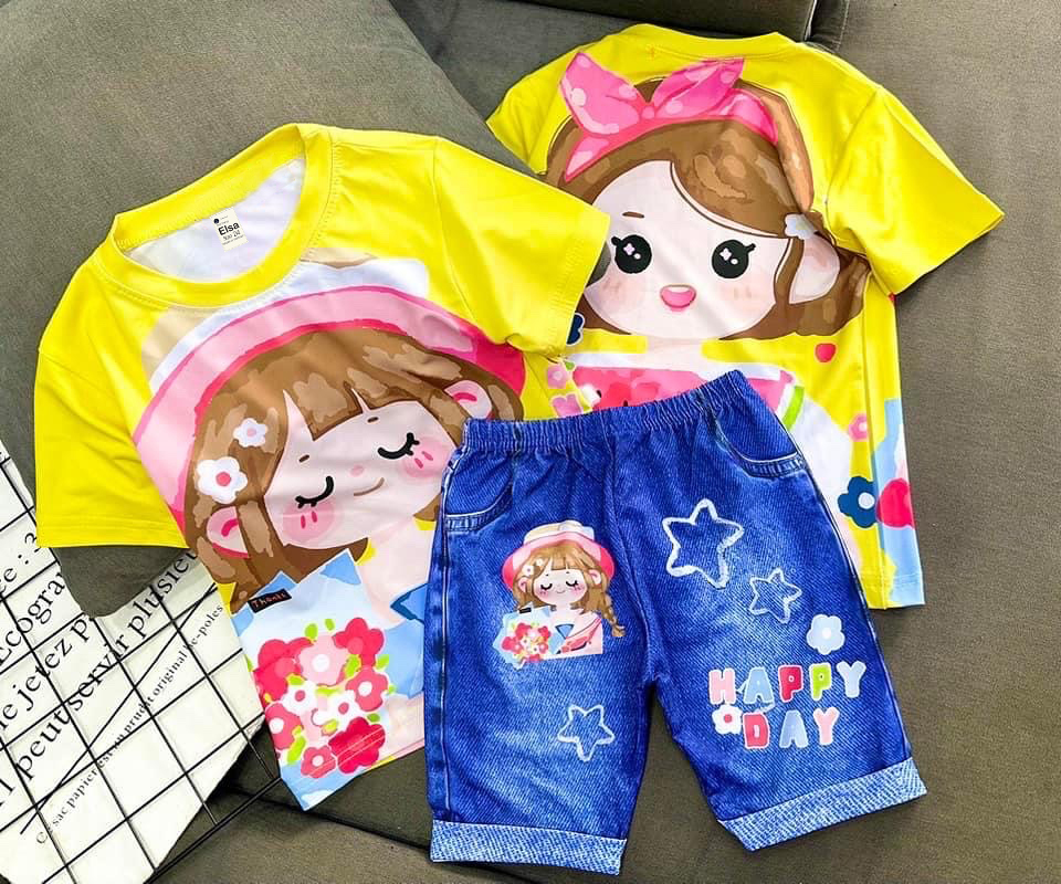 Bộ đồ bé Gái chất liệu thun dày mịn mát in hình 3D được các bé gái yêu thích  FAW04