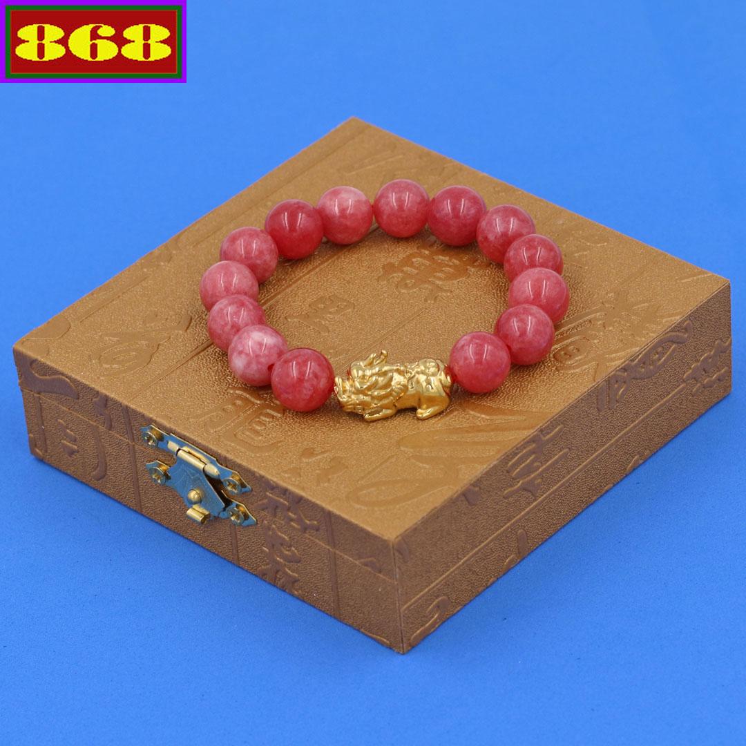 Vòng đeo tay Tỳ hưu inox vàng - Chuỗi đá ngọc tủy hồng 12 ly VNTHTHV12 hộp gỗ