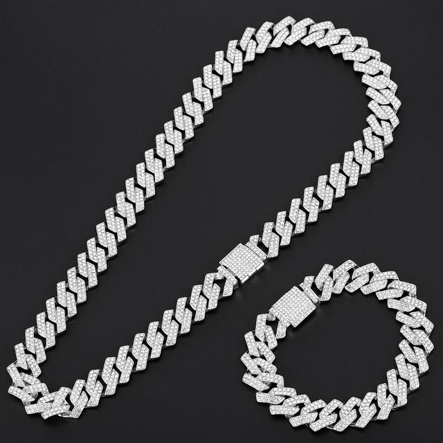 16MM Prong Necklace Baguette Watch Bracelet Hip Hop Cuban Chain Iced Out Paved Rhinestones CZ For Men