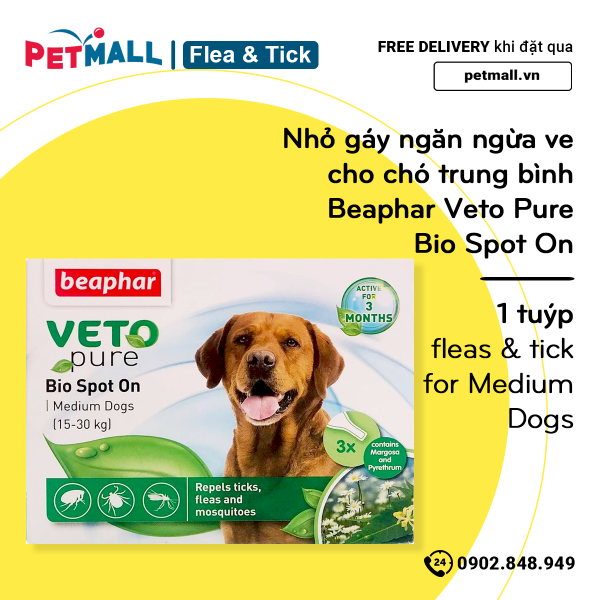 Nhỏ gáy ngăn ngừa ve cho chó trung bình Beaphar Veto Pure Bio Spot On - 1 tuýp - fleas & tick for Medium Dogs petmall