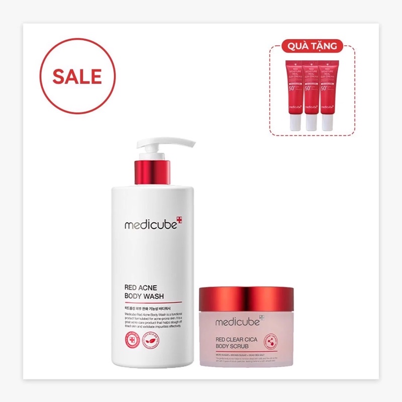 [TẶNG BÔNG TẮM CAO CẤP] Bộ đôi làm sạch mụn và tẩy da chết body (Sữa tắm RED+ Tẩy da chết Body Scrub)