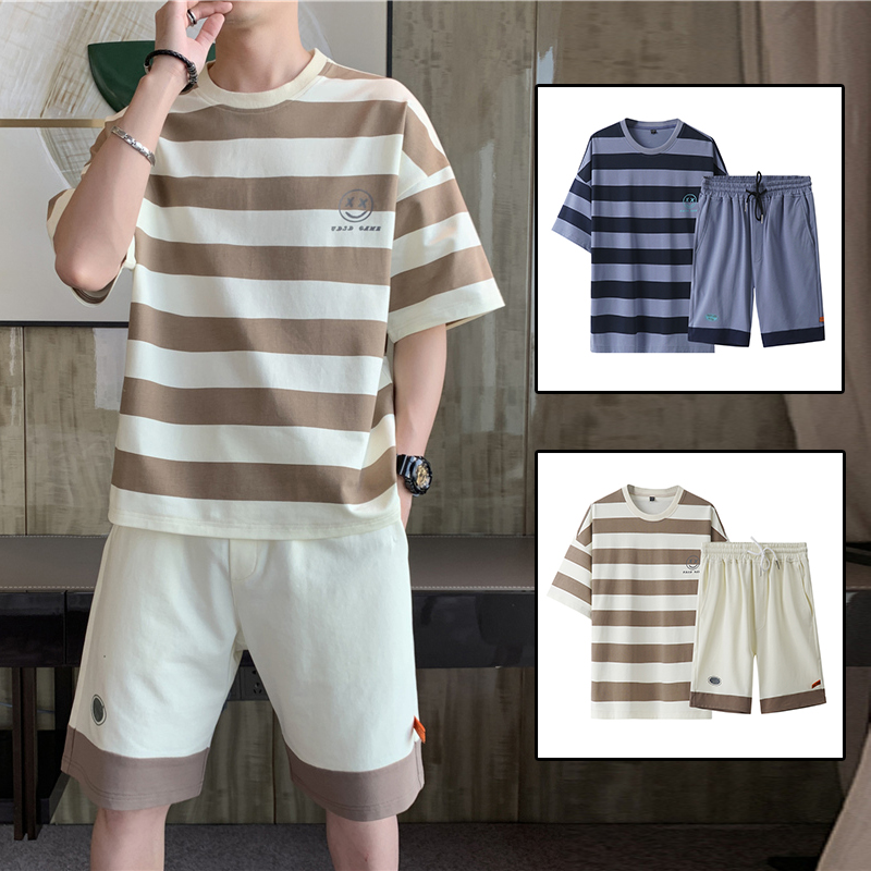 [ Hoàn Tiền 15% ] Set Bộ Đồ Thun Hè Nam Áo Ngắn Tay Cổ Tròn Kẻ Sọc Ngang Phối Quần Short Đùi Cạp Chun Phong Cách Trẻ Trung Cá Tính Năng Động SOYOUNG VN MEN QA 134