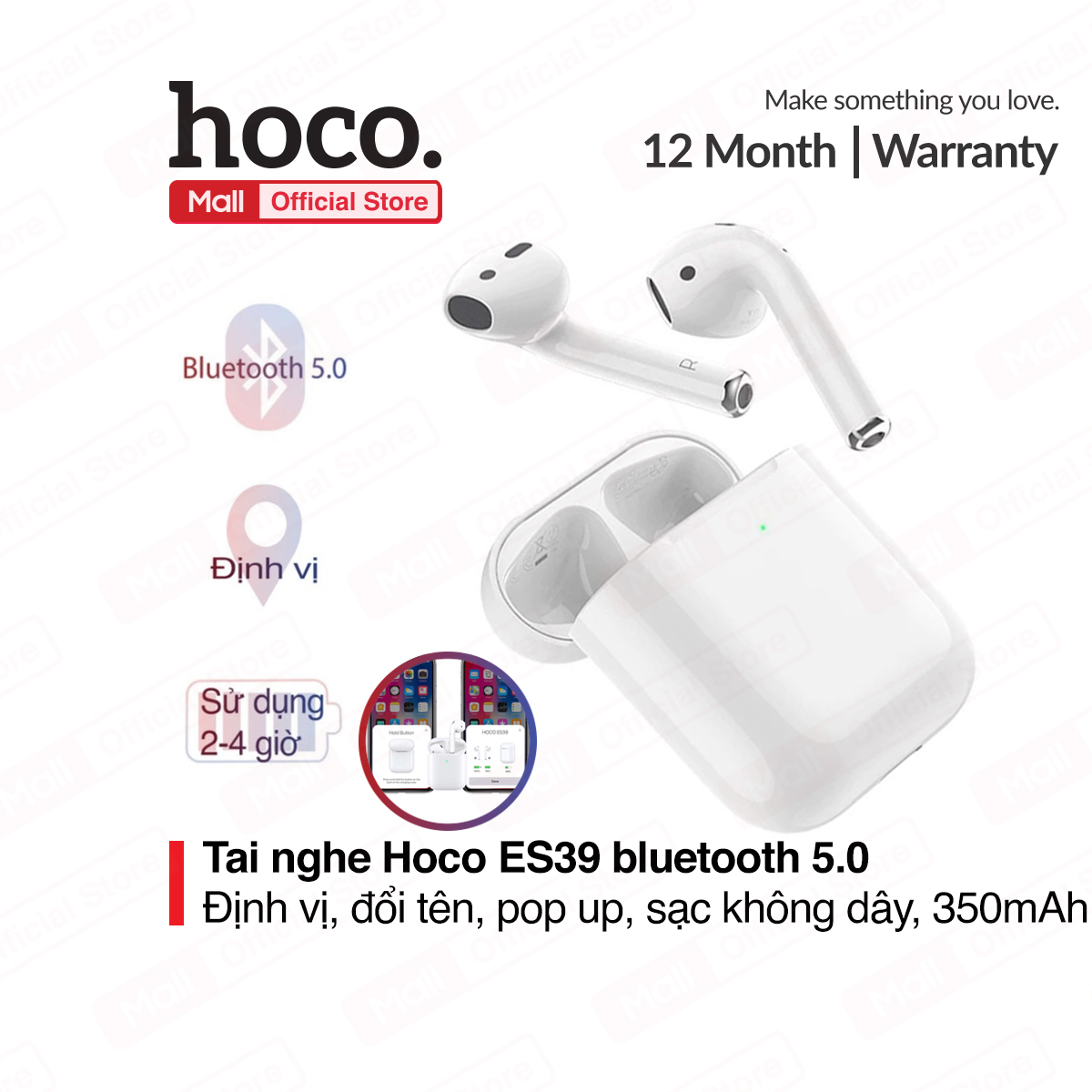 Tai nghe truewireless Hoco ES39 định vị tai nghe đỗi tên thiết bị nghe nhạc liên tục trong 3.5 giờ công nghệ Bluetooth 5.0 sạc không dây