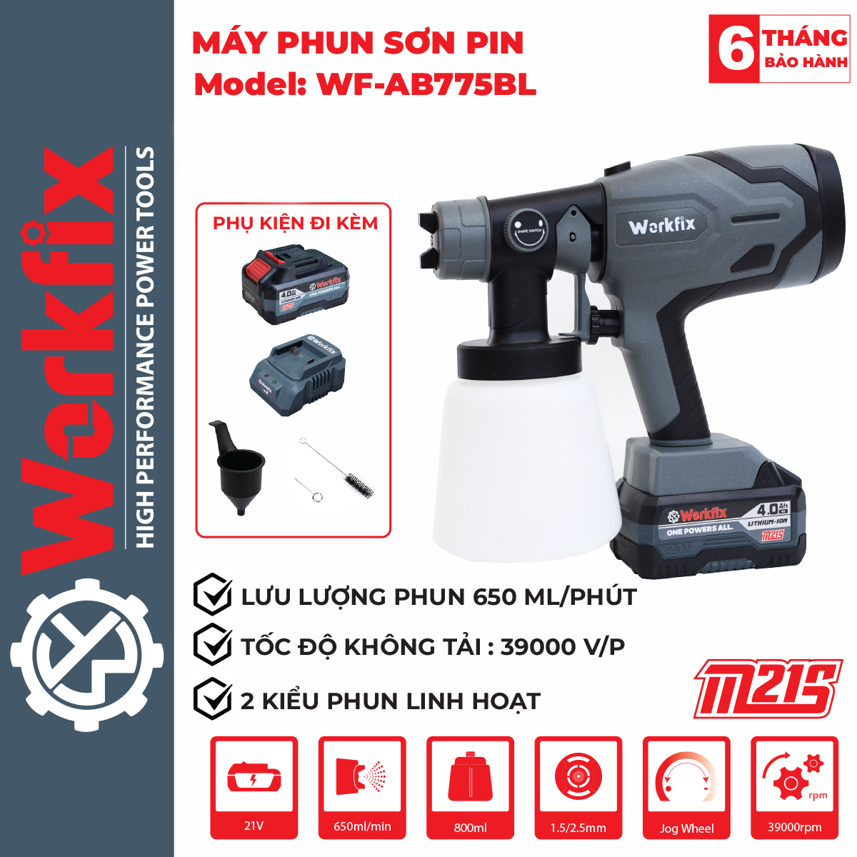 Máy phun sơn pin Workfix WF-SG800ML, Lưu lượng phun 650ml/phút, Dung tích bình chứa 800ml, Bảo hành chính hãng