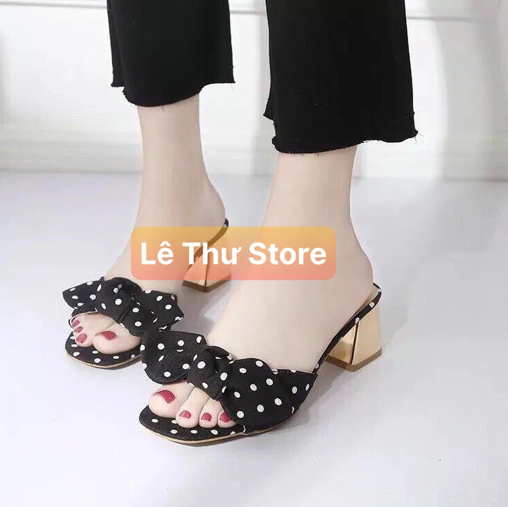 Guốc dép nữ 5 phân quai kết nơ chấm bi gót đồng LT (DGN003)