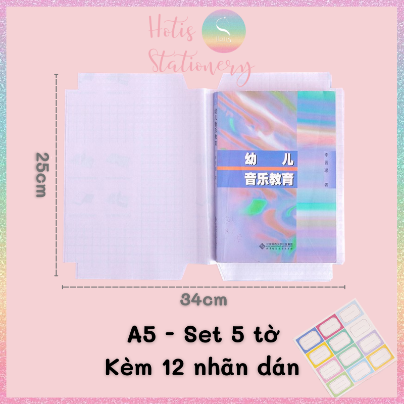 Set 5 tờ decal bao vở, bọc sách vở trong suốt - Kèm 12 sticker nhãn vở