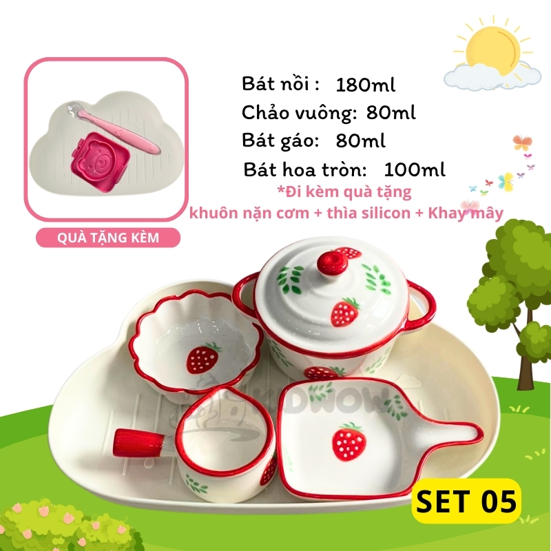 [TẶNG THÌA SILICON+ KHUÔN CƠM+ KHAY MÂY] Bộ Bát Sứ Ăn Dặm Cho Bé Siêu Đáng Yêu