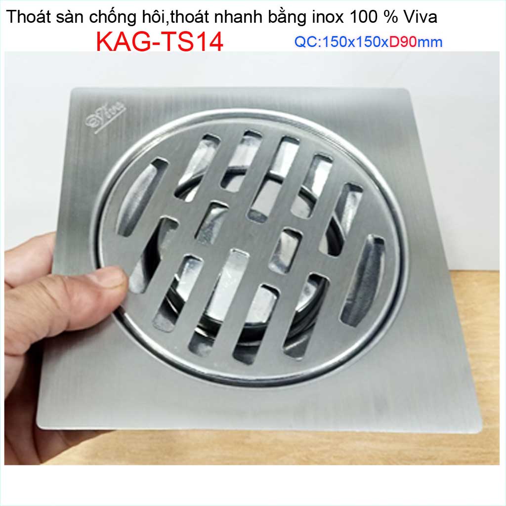 [HCM]Hố ga thoát sàn Viva vuông 15x15cm KAG-TS14 ống D90 - 9cm Inox mờ phễu thoát nước chống hôi D90