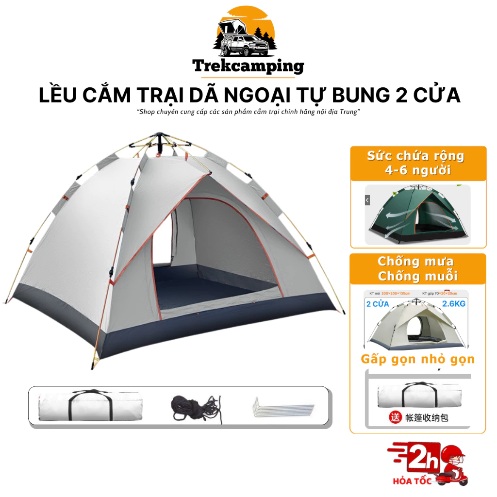 Lều cắm trại tự bung cho nhóm 4 đến 6 người 2 cửa 2 lớp thông thoáng chống tia UV chống muỗi và mưa
