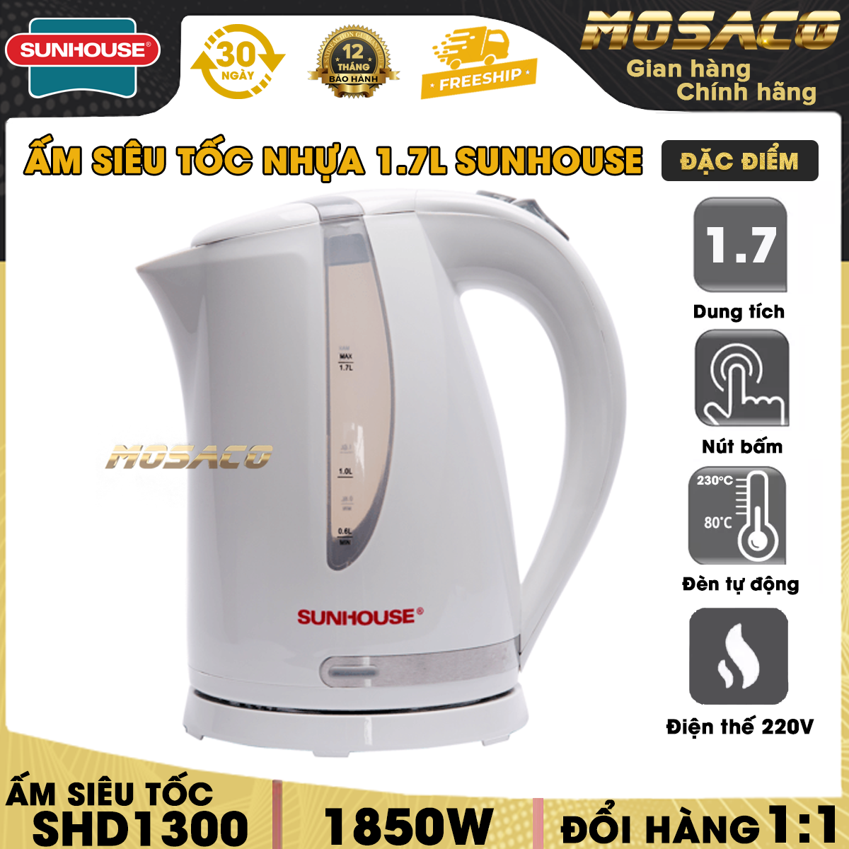 Ấm siêu tốc INOX 2 LỚP 1.7L SUNHOUSE MAMA SHD1386W công suất 1800 W đun sôi nhanh tiết kiệm điện. Ấm đun nước siêu tốc được làm từ inox 304 chất lượng tiêu chuẩn Châu Âu, tự động ngắt điện an toàn, sang trọng MOSACO GIA DỤNG