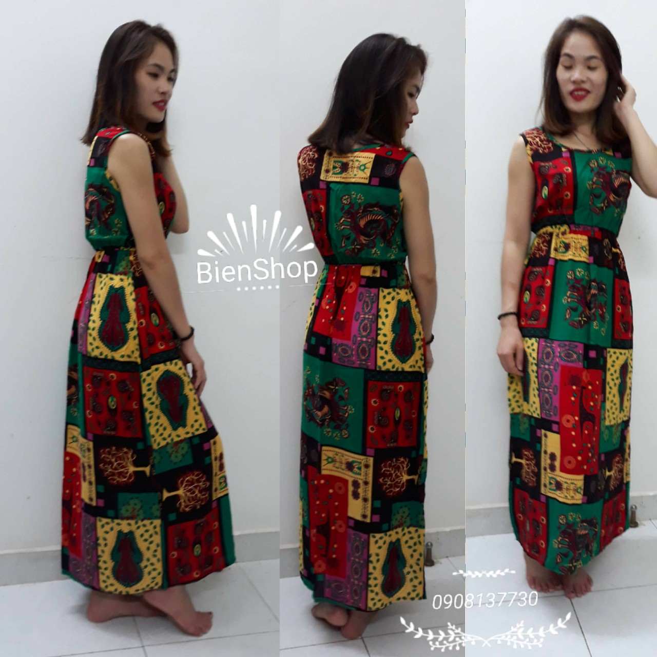 Đầm maxi lanh thái sát nách, cổ tròn, siêu mát, nhiều màu