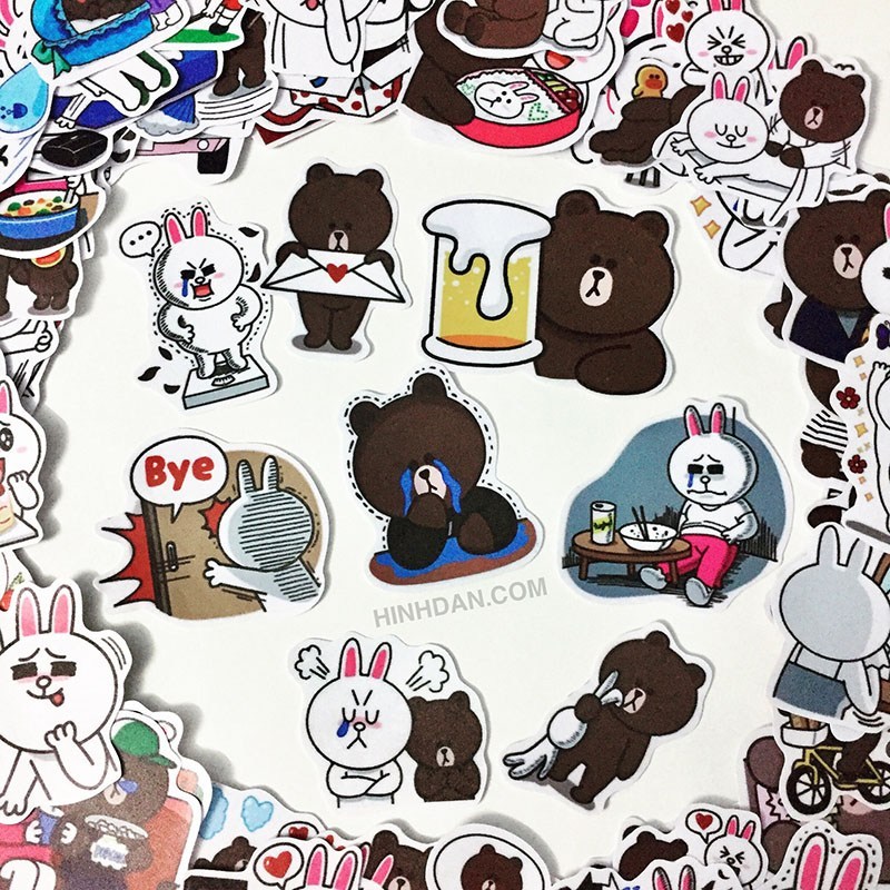 sticker Gấu Thỏ Line set 30 đến 100 Brown and Cony hình dán có ép lụa