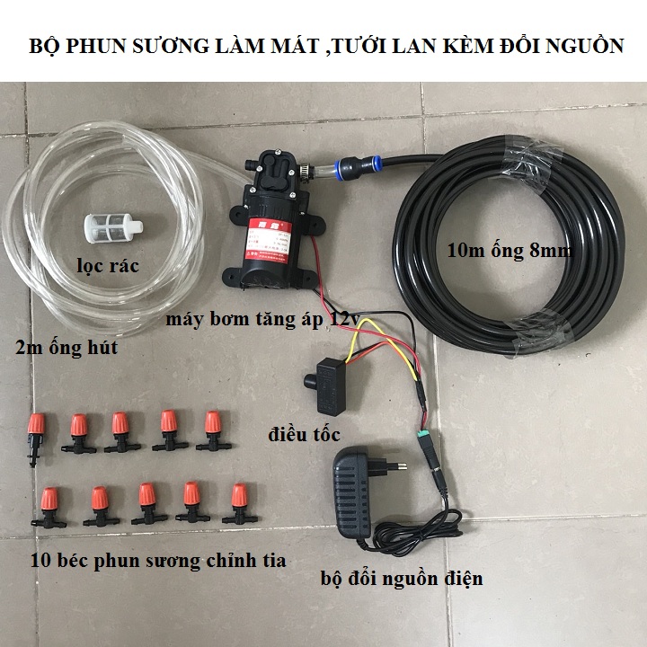 Bộ Máy bơm phun sương mini 12v bộ 4 - 5 - 6 - 8 -10 béc phun sương,máy bơm tăng áp phun sương,máy phun sương,bộ máy phun sương tưới lan,máy phun sương tưới cây,phun sương làm mát,bộ phun sương