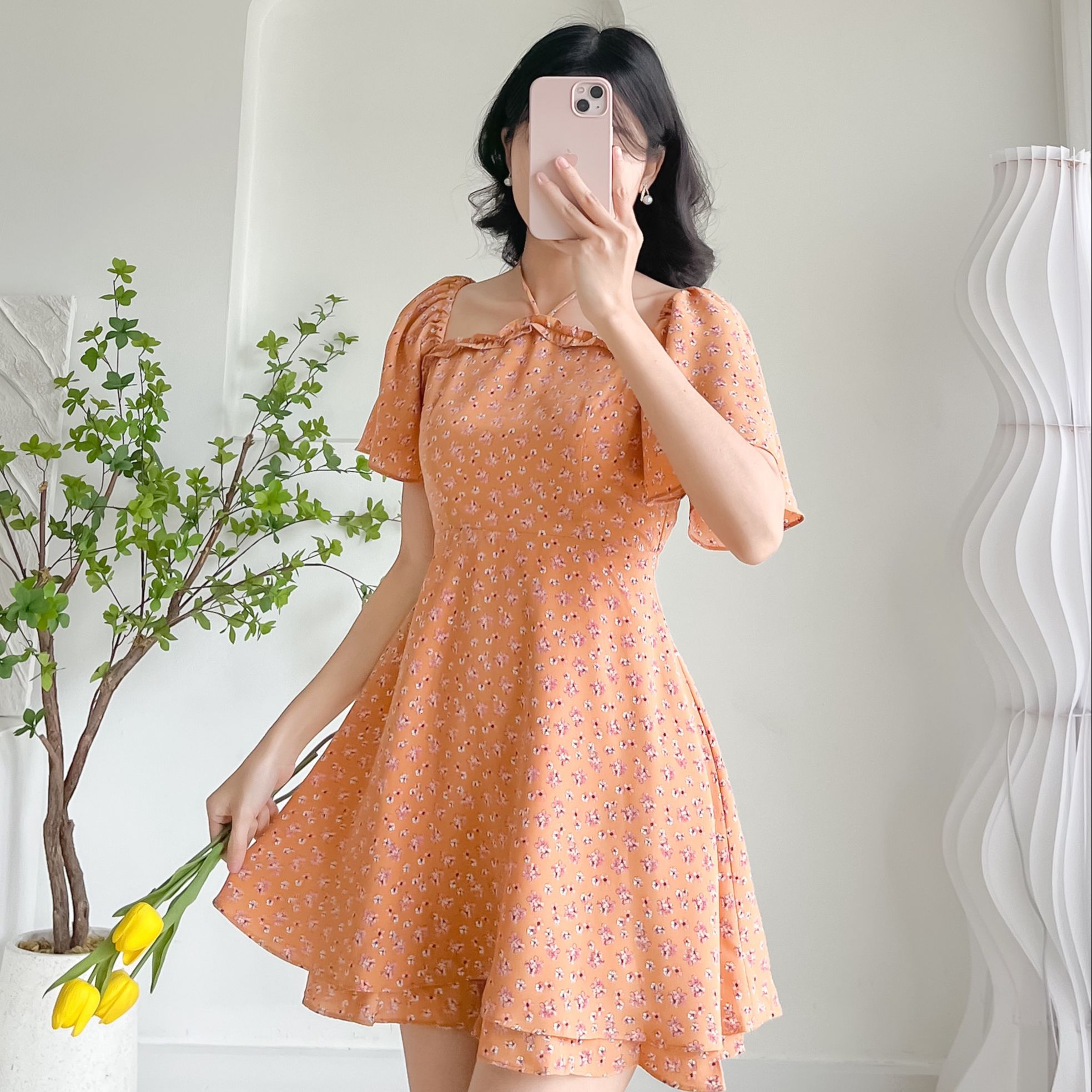 Đầm JOSE - Đầm hoa cổ vuông dây yếm