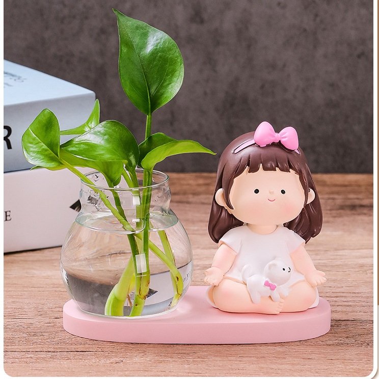 Bình Thủy Sinh kèm tượng cô gái tập yoga, Chậu thủy sinh trồng cây mini để bàn, Chậy trồng cây thủy sinh trang trí bàn làm việc văn phòng