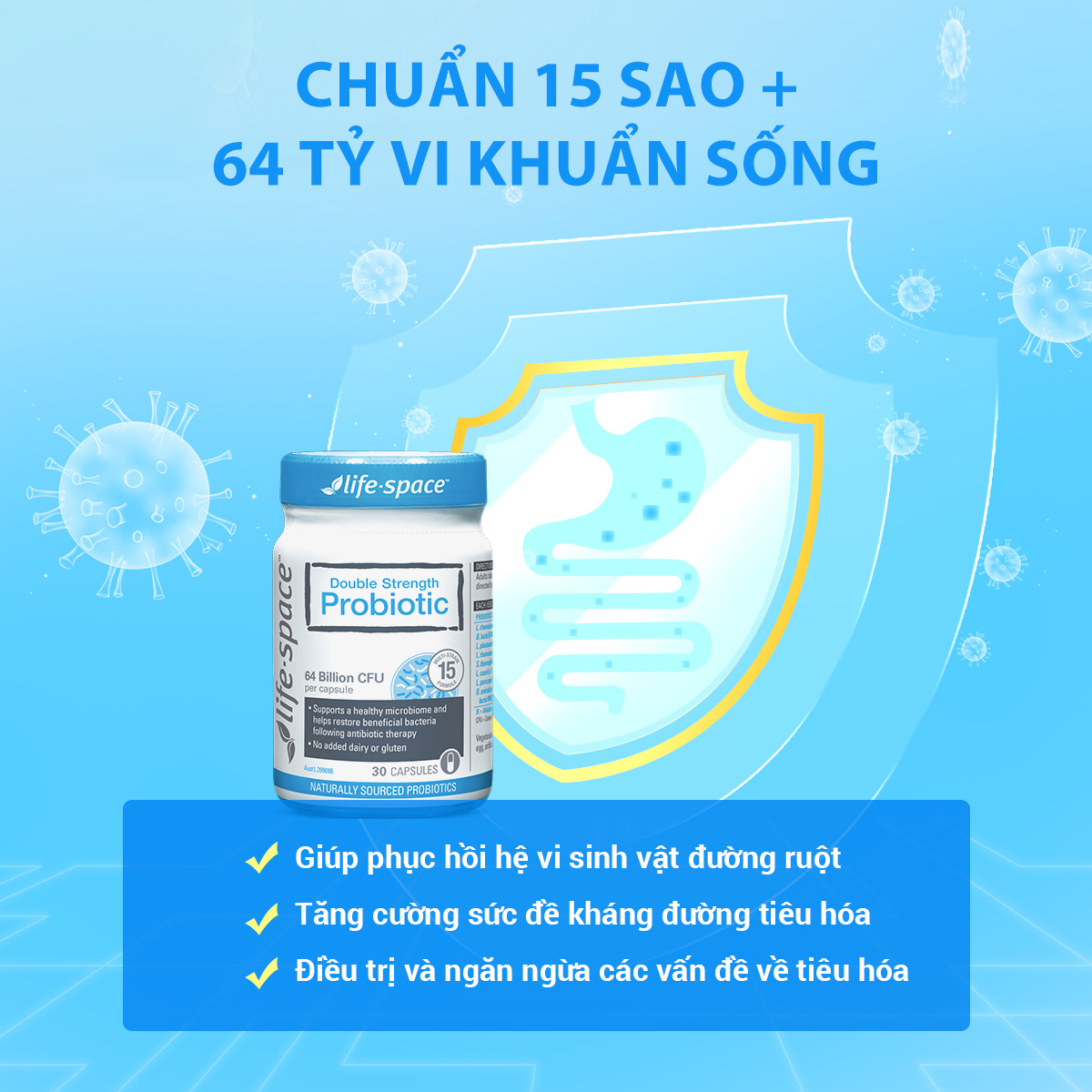 Men vi sinh Life Space hỗ trợ tiêu hóa thúc đẩy sức khỏe đường ruột và tăng cường khả năng miễn dịch dành cho người lớn Double Strength Probiotic - 30 viên |