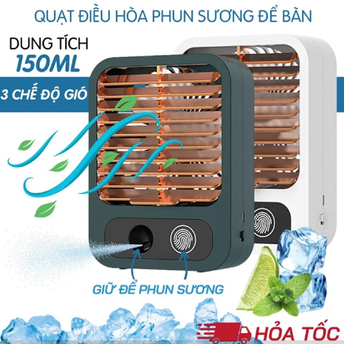 Quạt tích điện phun sương mini ba tốc độ gió, cảm ứng vân tay bình chứa 150ml