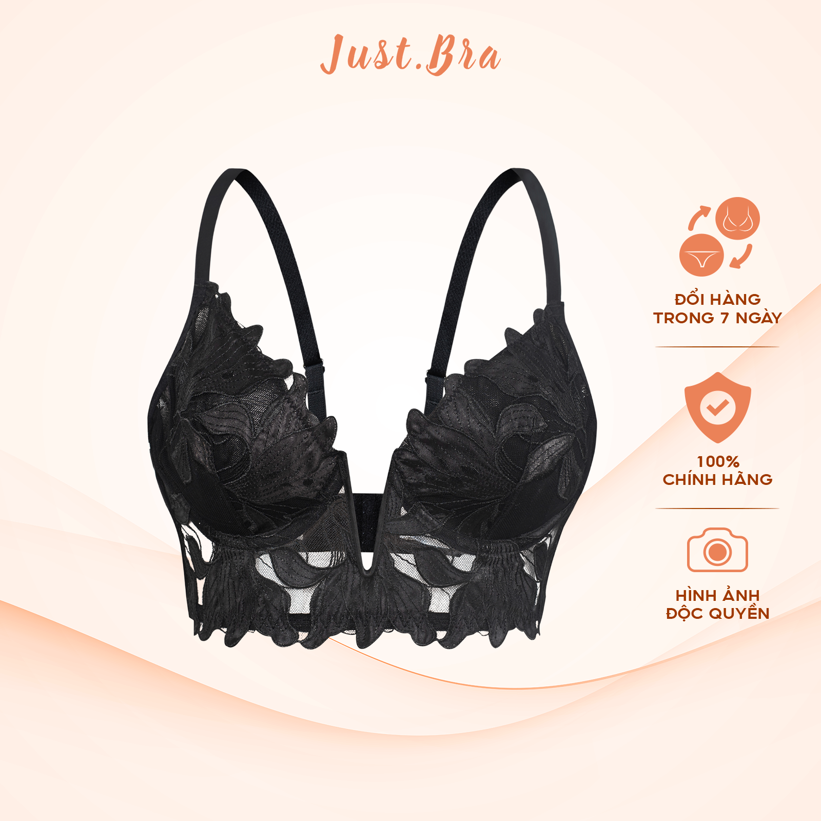 Áo ngực bralette ren Just Bra bản áo to cổ điển, ren đắp hoa satin cao cấp AB394