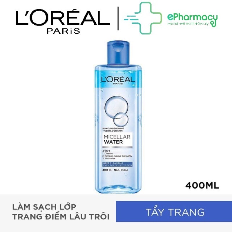 [HCM]Nước tẩy trang LOreal XANH ĐẬM làm sạch trang điểm cho mọi loại da - LOreal Paris 3-in-1 Micellar Water 400ml nhập khẩu