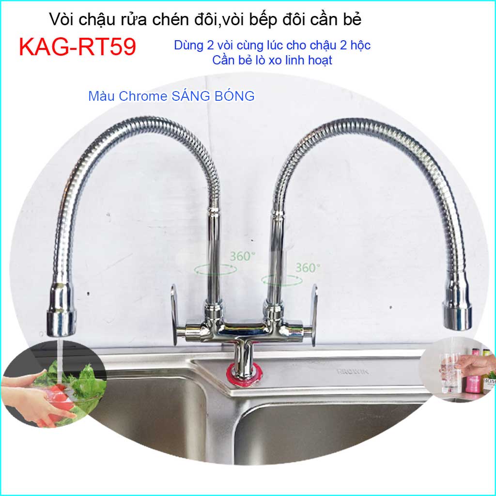 Vòi rửa chén đôi lò xo KAG-RT59 vòi rửa chén lạnh cần bẻ, vòi chậu 2 hộc, vòi rửa chén bát