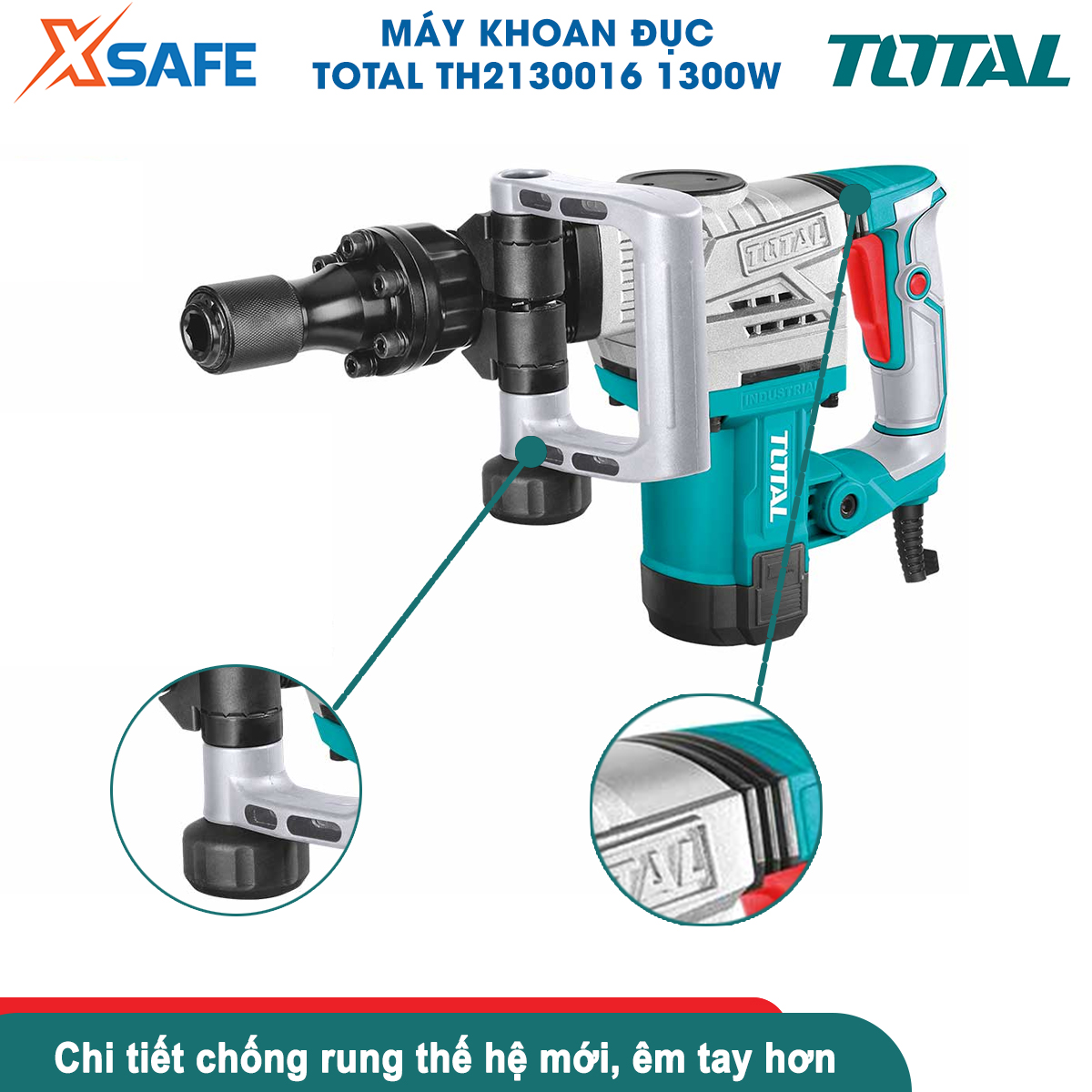 Máy đục bê tông TOTAL TH2130016 | máy khoan đục công suất 1300W, tốc độ đập 3800 bpm, lực đập 20J bắn vít, đục tường, khoan bê tông