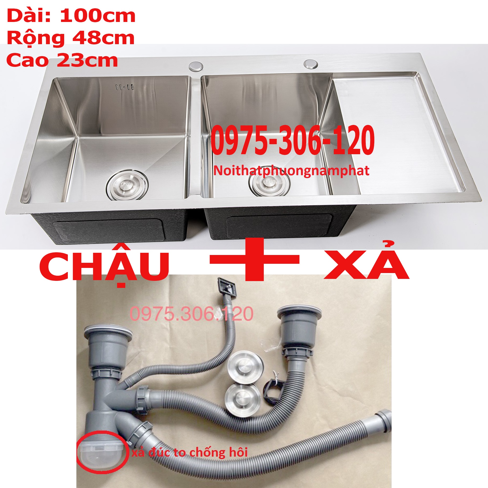 [HCM][CHẬU INOX DÀY] Chậu Rửa Chén Bát INOX 304 N1 10048 NA.GRAND và Xả chậu Thoát Nước CHẬU DÀY VÀ XẢ CHẬU LOẠI XẢ TO CHỐNG HÔI