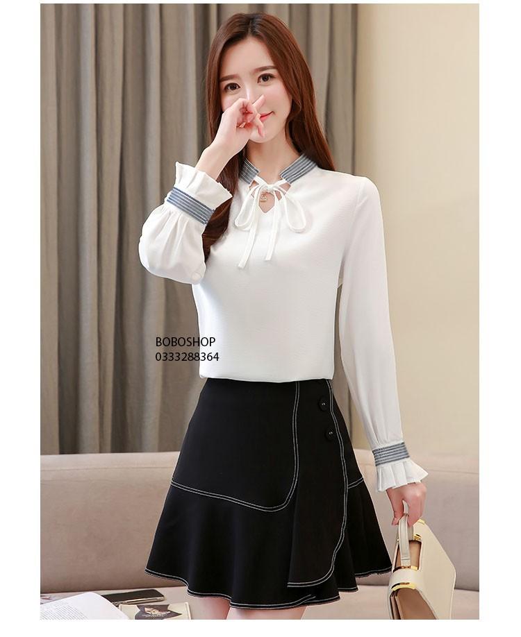 [HCM]Áo công sở cổ nơ xếp ly tay