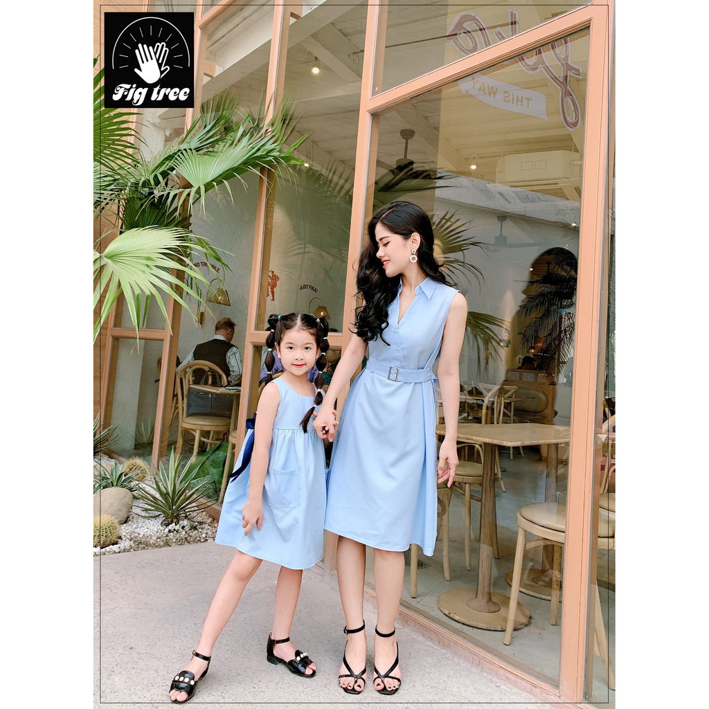 Áo váy gia đình màu xanh FIG TREE nhẹ nhàng