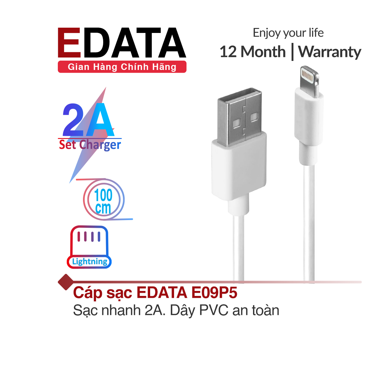 Cáp sạc iPhone EDATA E09P5 sạc nhanh 2A và truyền tải dữ liệu cao Dây PVC dài 1m dành cho iPhone 5/6/7/8/X/Xs/Xr iPad