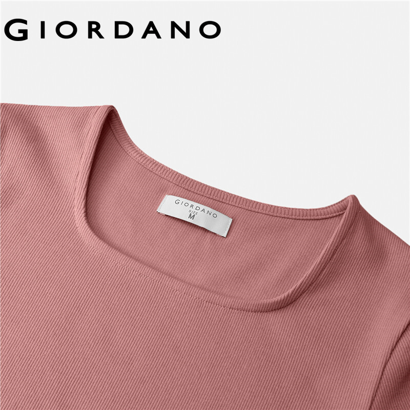 Giordano áo thun nữ cổ hình vuông tay ngăn kẻ sọc ôm body đơn sắcdệt kim Free Shipping 13323207