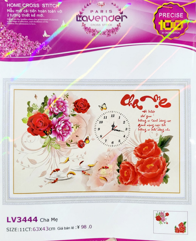 Tranh thêu chữ thập cha mẹ cá đồng hồ LV3444 - kích thước 63 * 43
