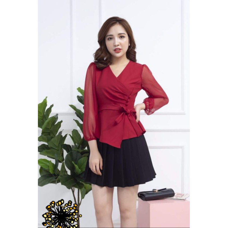 ZERASY - Áo kiểu thắt nơ eo tay dài phối lưới.
