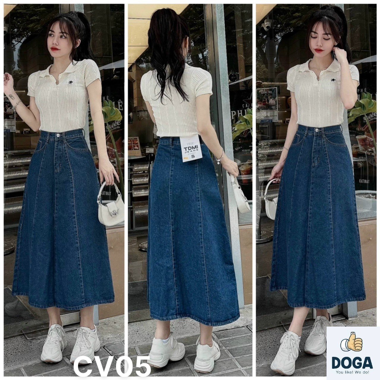 Chân váy jeans coton dáng dài chữ A qua gối xanh đậm trơn màu đơn giãn tiểu thư CV05