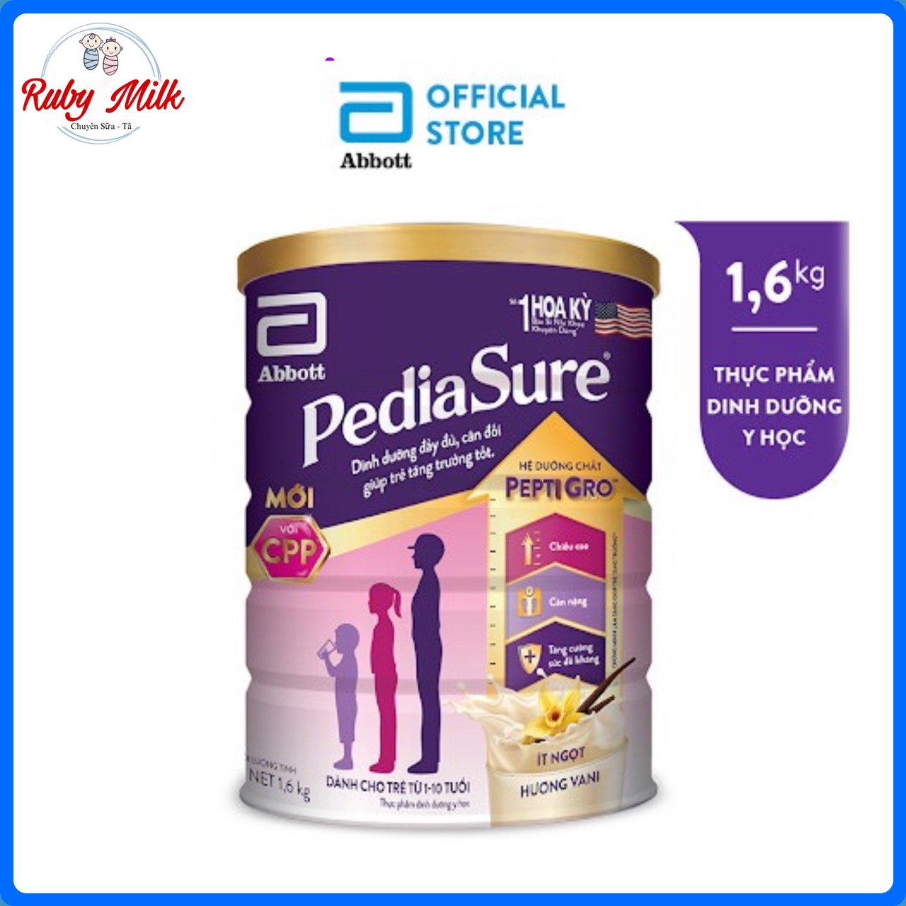 Sữa Bột Pediasure Lon 1,6kg Vani Ít Ngọt