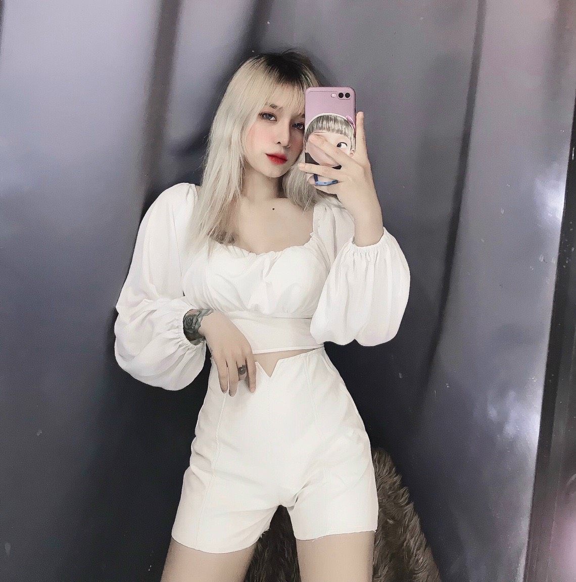 áo kiểu tay phồng hở cột nơ lưng dáng croptop xinh