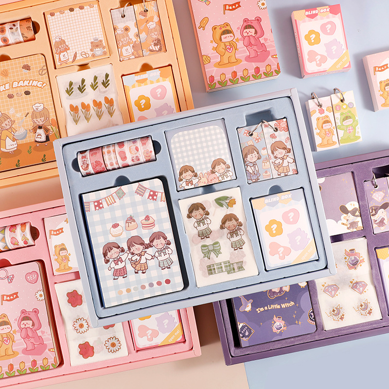 Bộ hộp gồm sổ, note, washi tape, sticker... cute