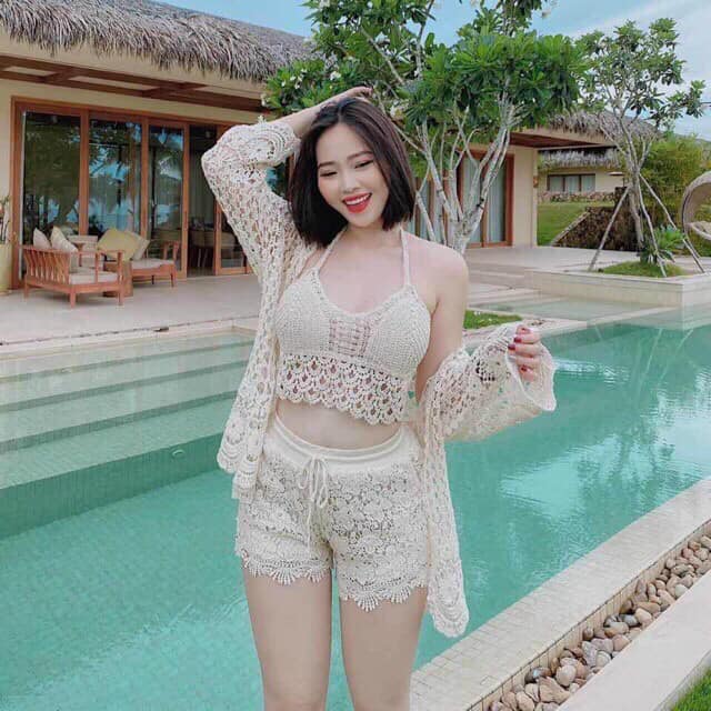 Set bikini ren hoa đi biển HS01