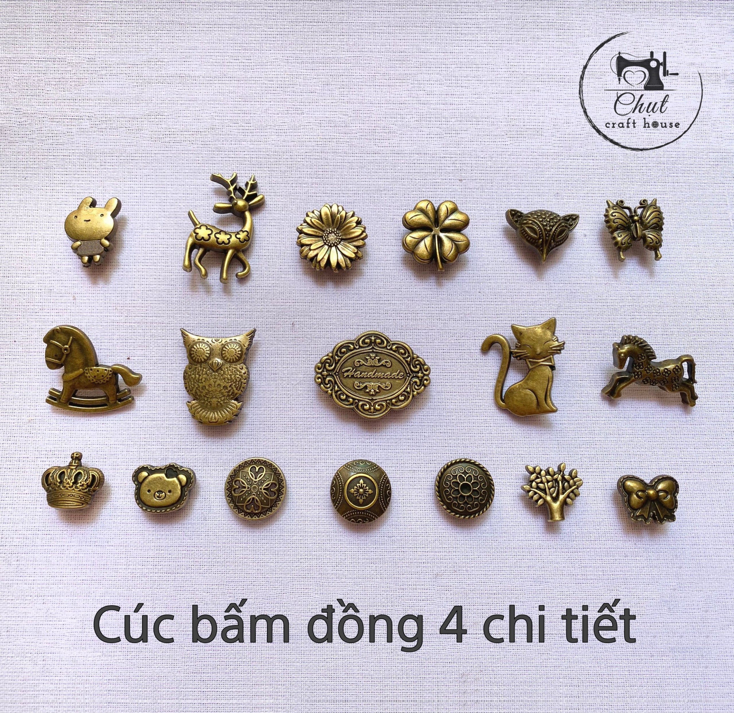 Cúc bấm 4 chi tiết đồng hình mèo may mắn