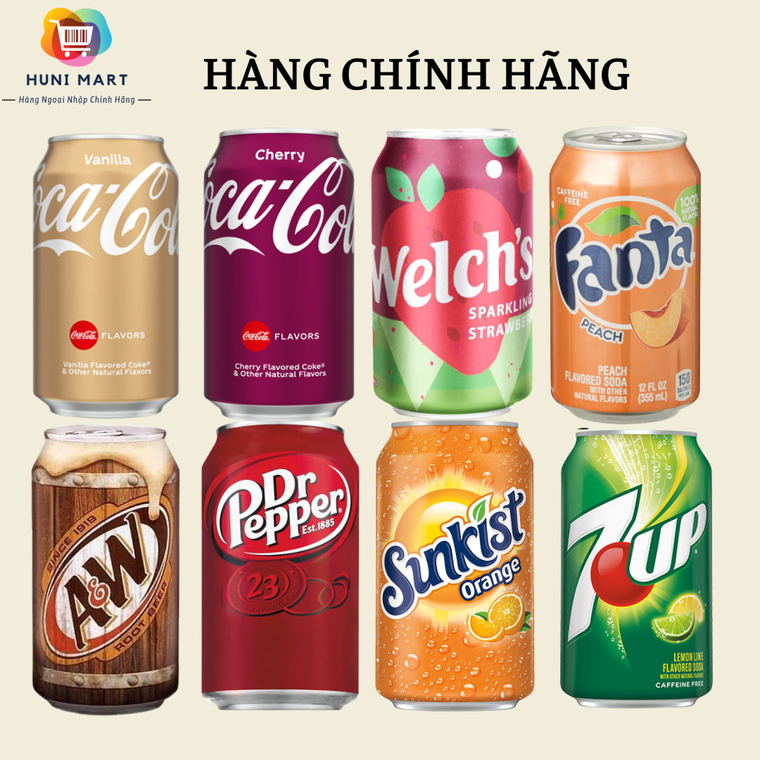 Nước ngọt Mỹ nhiều vị giải khát (Coca, Welch, Sunkit, Fanta, 7up, Dr.Pepper, Xá xị  A&W)