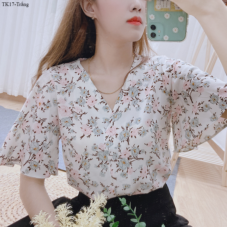 [HCM]TK17- Áo hoa cổ V tay cánh tiên