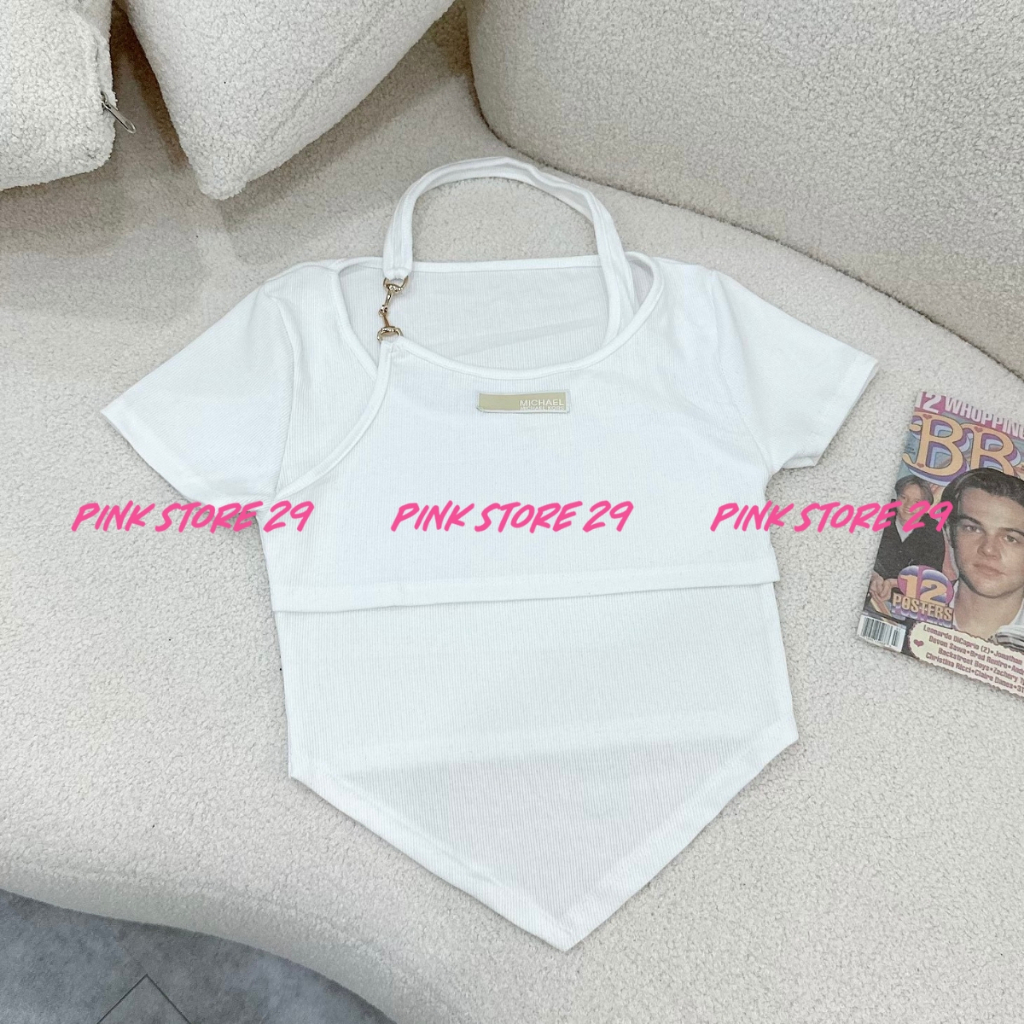 Áo croptop tay ngắn pinkstore29 thun gân vạt nhọn phối cổ yếm xích lấp lánh a5446