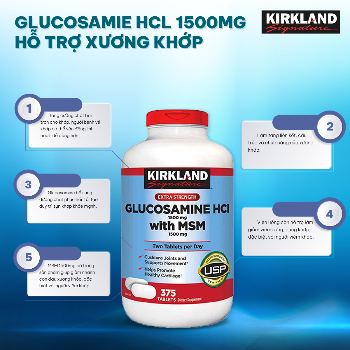 Viên uống Bổ xương khớp Kirkland Glucosamine HCL 1500mg With MSM 375 Viên