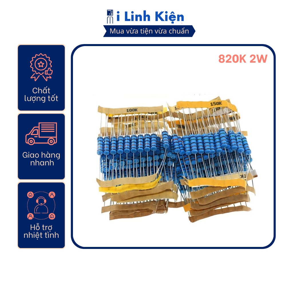 Điện trở vạch 2w 820k 1% chân đồng túi 10 con.
